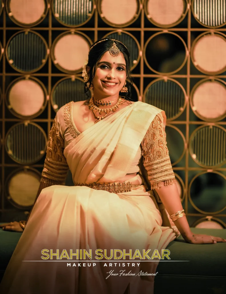 Beautiful hindu bride in white saree makeup done by Top makeup artist in Guruvayur